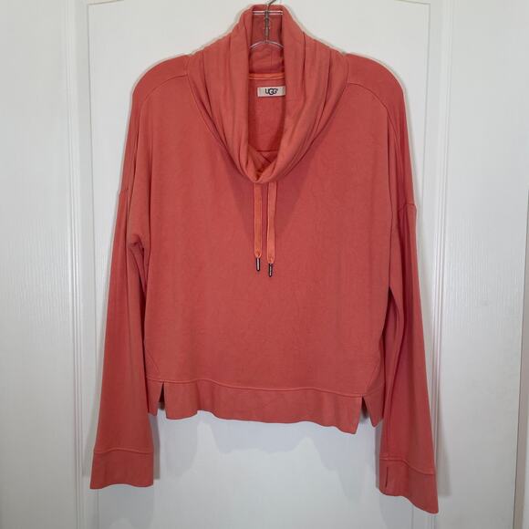 Ugg Cowl Neck Sweatshirt Coral Pink Velvet Drawstring Thumb Hole Sleeves M - Picture 1 of 6
